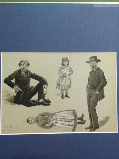 null LUDOVIC (fin du 19e siècle),
Deux petites filles et deux personnages 
Encre...