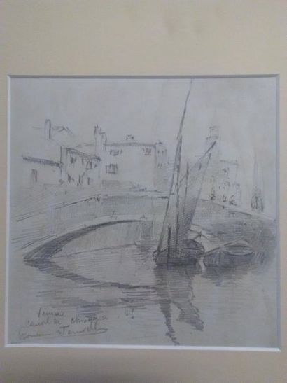 null JOUVEN Romain (1874-1929)
« Venise canal de Chiaggia
Dessin au crayon graphite,...