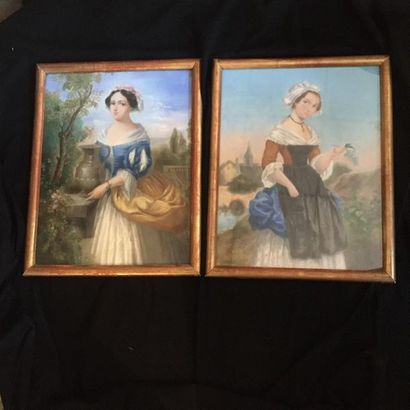 null Paire de pastels début 19è siècle représentant deux jeunes femmes dans un décor...