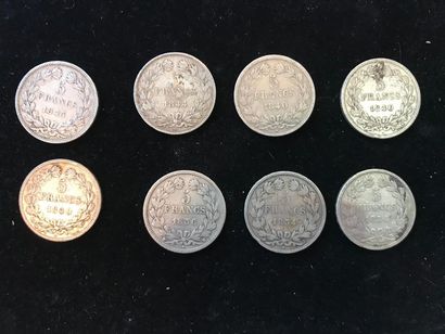 null 8 pièce de 5 F Louis Philippe argent (1834, 1836, 1840, 1843 et 1844).
Poids...