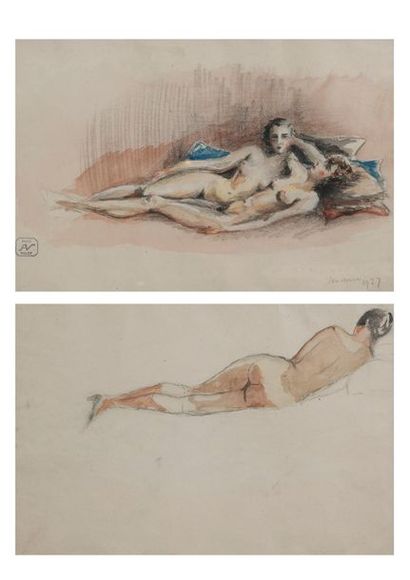 null Henri VILLEY (XXe) 
Deux amies (recto), étude de nu de dos (verso)
Aquarelle...