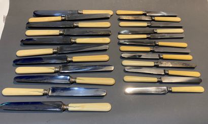 null Lot de douze grands couteaux et douze couteaux à fromage manches en ivoire,...