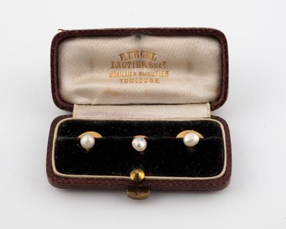 null Suite of three buttons of breastplate in gold 750 °/°° centered of a pearl button.

Gross...