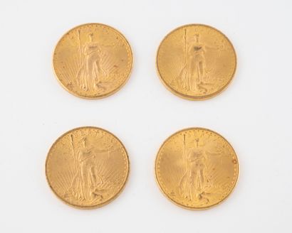 Quatre pièces de 20 dollars or Liberty 1907...