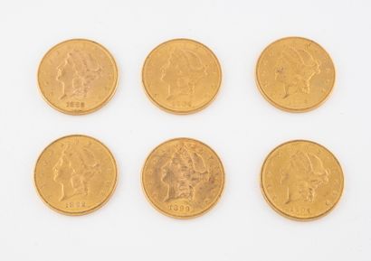 Six pièces de 20 dollars or 1888 ; 1892 ;...