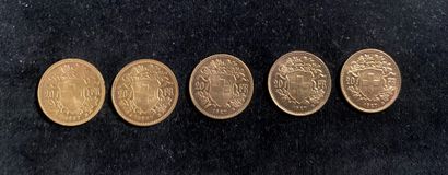 null Lot of 25 pieces of 20 Swiss francs in gold.

Weight : 162,5 g.