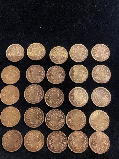 null Lot of 25 pieces of 20 Swiss francs in gold.

Weight : 162,5 g.