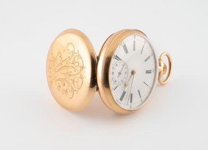 null Pocket watch in gold 750°/°°, white dial with Roman numerals, seconds at 6 o'clock,...