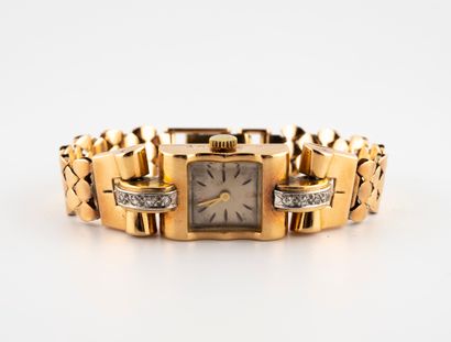 null Tank lady's watch bracelet in gold 750°/°°, square case, diamond-set fasteners,...