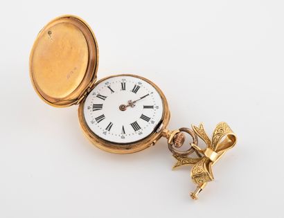null Bow brooch holding a gold 750°/°° soap watch with enamel decoration of a country...