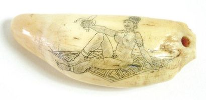 null Scrimshaw. Petite dent de cachalot gravée. Souvenir de voyage. Longueur: 7,5...