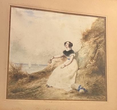 null François Grenier de Saint Martin (1793-1867)
Jeune femme dans les dunes.
Aquarelle...