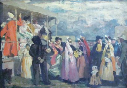 Lucien SIMON (1861-1945) Le cirque en pays bigouden Huile sur toile 31,5 x 45 cm