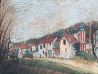 null MODERN SCHOOL
Village street 
Pastel with trace of signature lower left. 
(wear...