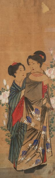 null CHINA
Painted silk hanging of two women in front of flowers.
Early 20th century.
92...