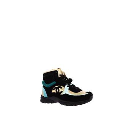 null CHANEL 
Pair of black, gold and green suede sneakers, size 38.