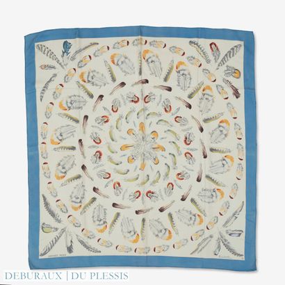 null HERMES Paris
Printed silk square
"Plumes II
With sky blue border 1962 edition...