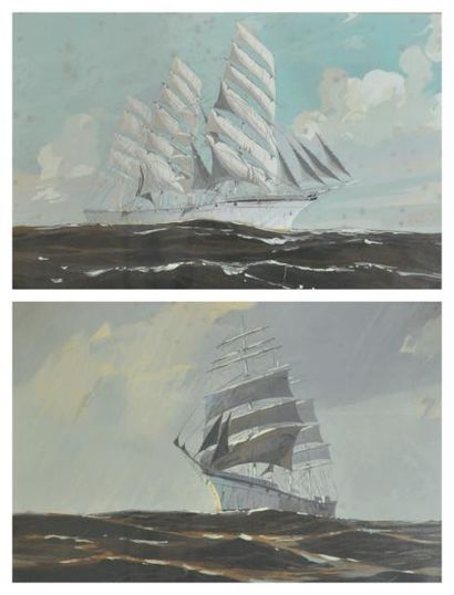 GEORGES FOUILLÉ (1909-1994) Nommé Peintre Officiel de la Marine en 1947. Trois mâts...