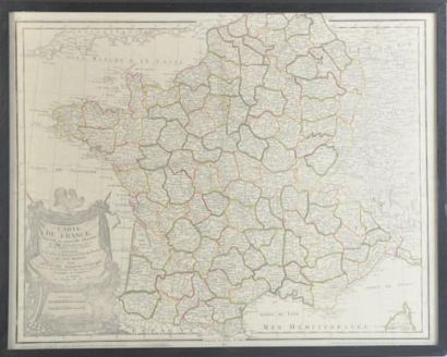 DEZAUCHE Carte de France divisée en 90 départements. Signée et datée 1805. 50 x 64...
