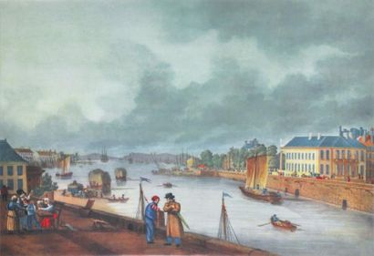 Garnerey "Vue du port de Nantes prise du Pont de la Bourse". Gravure en couleur....