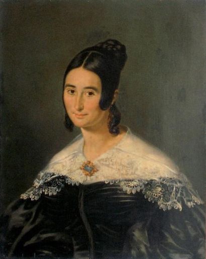 Ecole FRANÇAISE vers 1830 Portrait de jeune femme au col de dentelle. Huile sur toile....