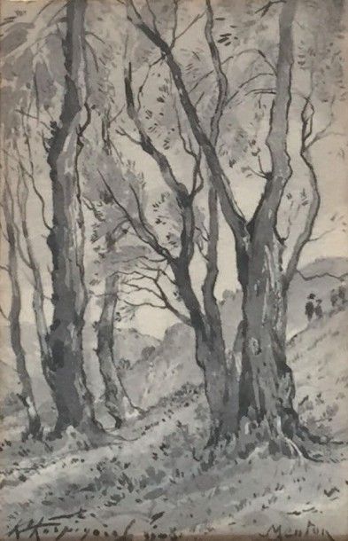 Henri Joseph HARPIGNIÈS (1819-1916) Les grands arbres Lavis d'encre, signé en bas...