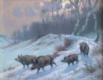 Georges Frédéric ROTIG (1873-1961) Les sangliers dans la neige. Gouache, signée en...