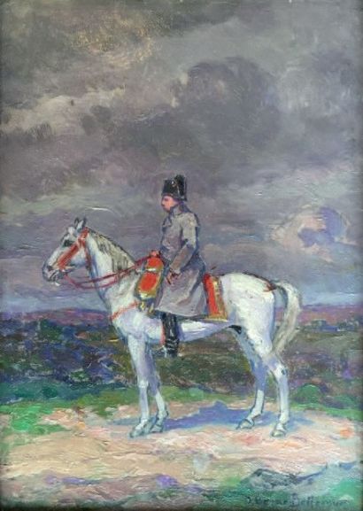 Etienne Prosper BERNE-BELLECOUR (1838-1910) Napoléon à cheval. Huile sur panneau,...