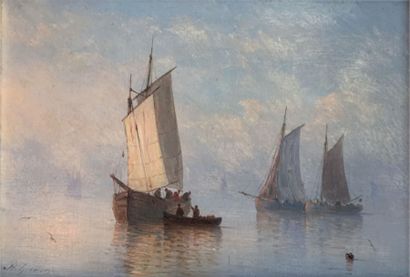 HENRIETTE HERMINIE GUDIN (1825-1876) Les bateaux de pêche. Huile sur panneau, signée...