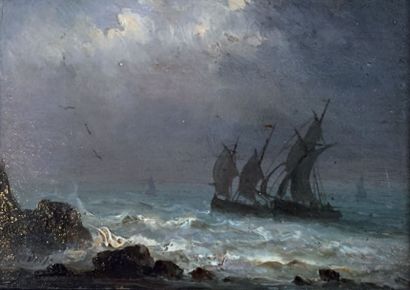 HENRIETTE HERMINIE GUDIN (1825-1876) Voiliers dans la tempête Huile sur panneau,...