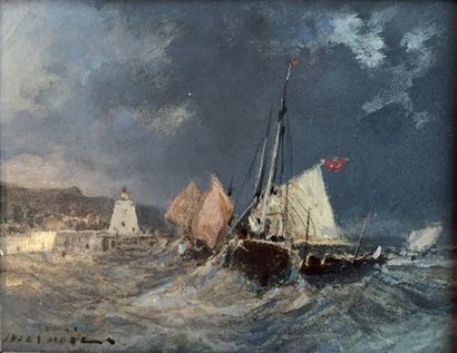 Jules Achille NOEL (1810-1881) Bateaux de pêche près d'une côte bretonne Huile sur...