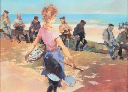 Jean Gaston MANTEL (1914-1995) La marchande de poissons. Huile sur toile signée et...