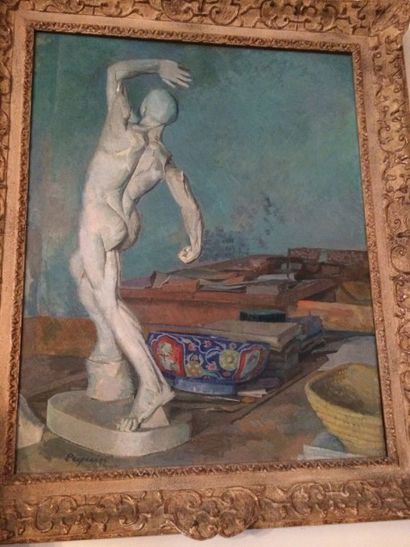 Charles Etienne PEQUIN (1879-1963) Sculpture dans un intérieur Huile sur toile signée...
