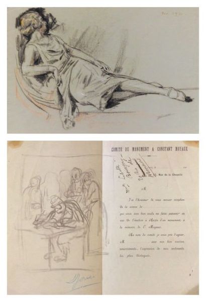 Lucien Hector JONAS (1880-1947) Femme au repos sur une méridienne. Dessin au fusain,...