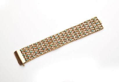 null Bracelet ruban en or (585 millièmes) ponctué de cabochons de turquoises alternés...