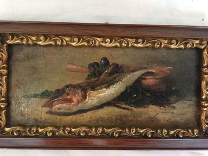 null Ecole française « Nature morte au poisson » Huile sur carton, 10 x 18 cm