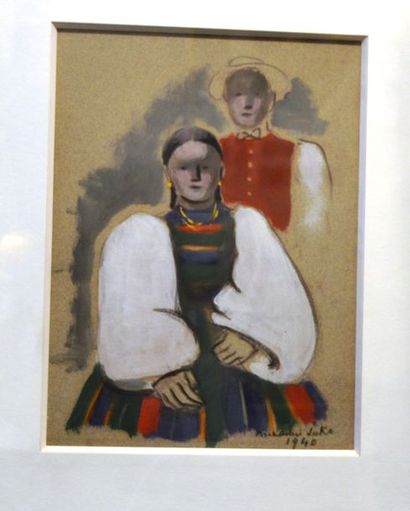 null Madeleine LUKA (1894-1989)
Couple en costume traditionnel. 
Gouache sur papier...