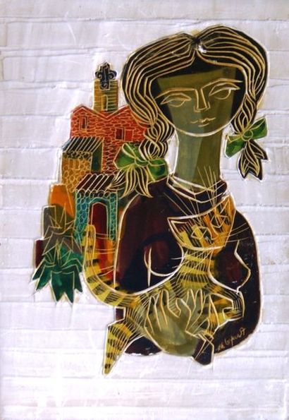 null Ecole française
Jeune fille au chat.
Céramique peinte.
