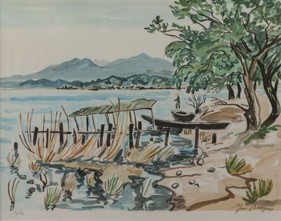 null Yves BRAYER (1907-1990) 
Pêcheur en bord de lac. 
Lithographie en couleurs signée...