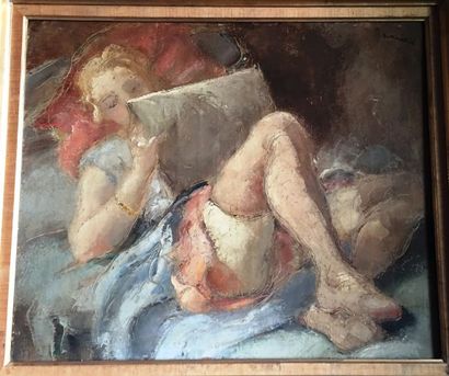 null Travail français du XXe.
Jeune femme lisant.
Huile sur toile.
52 x63,5 cm.