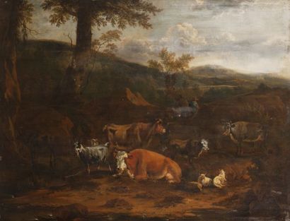 null Ecole HOLLANDAISE vers 1700, suiveur de Nicolaes BERCHEM
Berger et son troupeau...