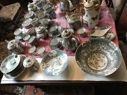 null CHINE-Canton. Ensemble de tasses, verseuses et plats à décor de scènes de palais...