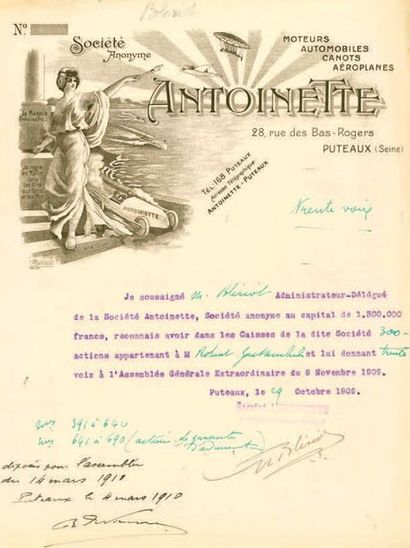 null - BLÉRIOT (1862-1936). Lettre signée «M.Blériot » sur papier en-tête Société...
