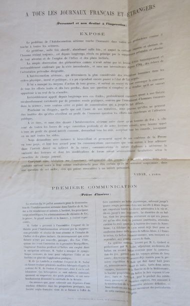 NADAR, Félix Tournachon (1820-1910). 1ère communication à tous les journaux français...