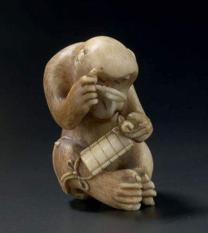 JAPON - Epoque MEIJI (1868-1912) 
Netsuke en ivoire, singe assis examinant un inro...