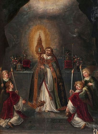 Attribué à Louis de CAULLERY (1580-1621) 
Priest carrying the Blessed Sacrament surrounded...