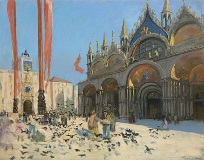 Emile CAGNIART (1851-1911) 
Place Saint Marc à Venise
Huile sur panneau signé en...