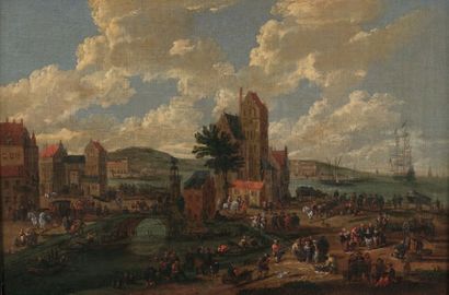 Attribué à Mathys SCHOVAERDTS (1665-1702) 
Vue d'un port
Toile.
21,5 x 31 cm
Usu...