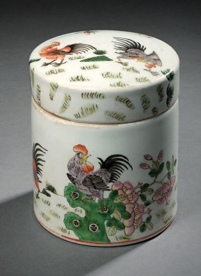 CHINE - XIXe siècle 
Pot cylindrique couvert cylindrique à décor émaillé polychrome...
