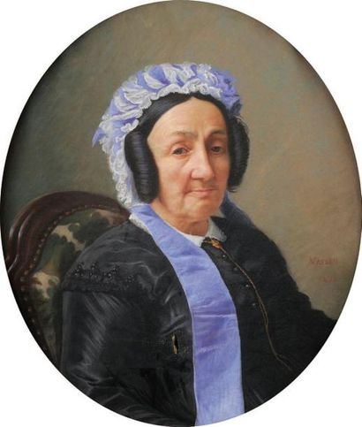 VAESEN XIXème siècle Portrait de femme au bonnet bleu. Pastel ovale, signé et daté...